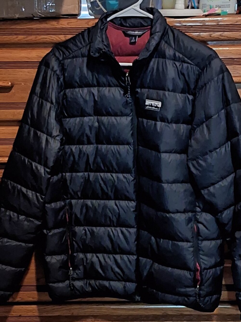 Eddie Bauer Mens Down Puffer Jacket Small Black Red Lining Lightweight Packable